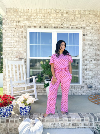 Savannah Rose Pink & Orange Block Print Pajama Set - Magnolia & Pine