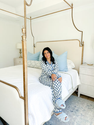 The Carolina Blues White, Green & Blue Block Print  Pajama Set - Magnolia & Pine