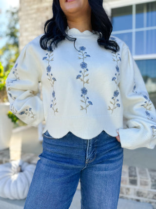 Shoreline Ivory Embroidered Floral Sweater