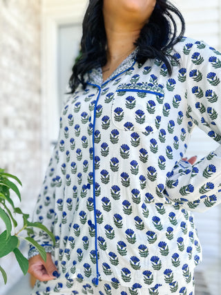 The Carolina Blues White, Green & Blue Block Print  Pajama Set - Magnolia & Pine
