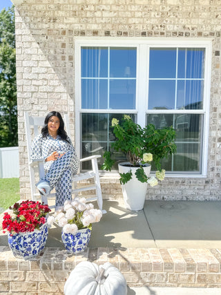 The Carolina Blues White, Green & Blue Block Print  Pajama Set - Magnolia & Pine