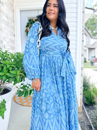 Magnolia Manor Blue and White Block Print Maxi Dress - Magnolia & Pine