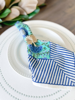 Garden Gate Napkins Floral Blue and Green Block Print Napkins (Set of 4) - Magnolia & Pine