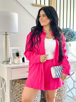 Flamingo Pink Oversized Boyfriend Button Down Shirt - Southern Roots & Boots