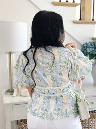 Daphne Blue & White Hydrangea Tie Short Sleeve Puff Top - Southern Roots & Boots