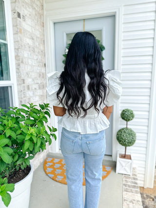Whispered Elegance White Flutter Sleeve Peplum Blouse - Southern Roots & Boots