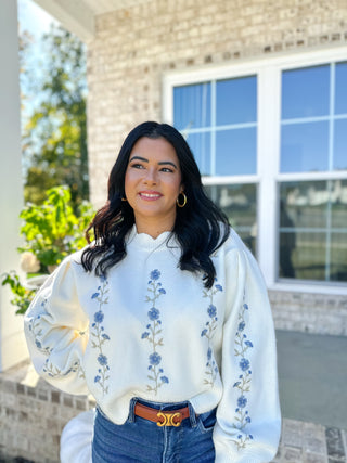 Shoreline Ivory Embroidered Floral Sweater