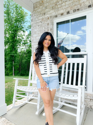 Laurel White & Black Striped Sweater Vest With Gold Buttons - Southern Roots & Boots