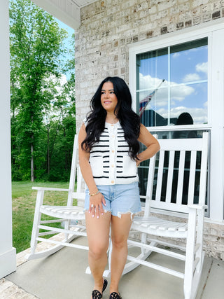 Laurel White & Black Striped Sweater Vest With Gold Buttons - Southern Roots & Boots