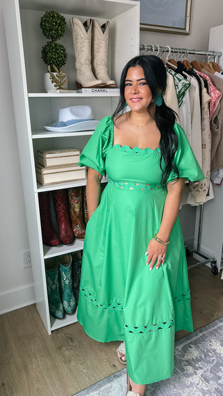 Isle of Palms Green Scallop Puff Sleeve Midi Dress - Southern Roots & Boots