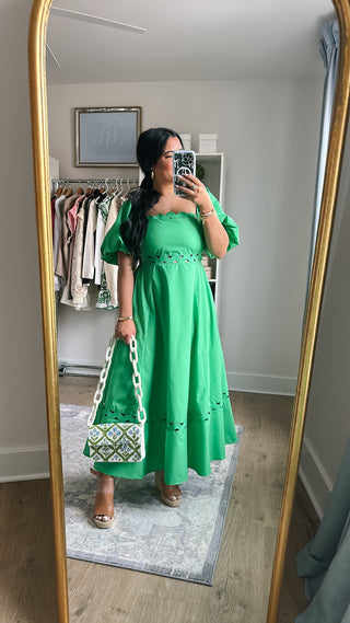 Isle of Palms Green Scallop Puff Sleeve Midi Dress - Southern Roots & Boots