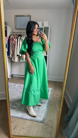 Isle of Palms Green Scallop Puff Sleeve Midi Dress - Southern Roots & Boots
