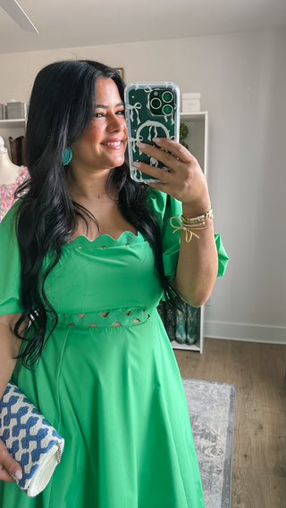 Isle of Palms Green Scallop Puff Sleeve Midi Dress - Southern Roots & Boots