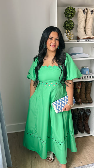 Isle of Palms Green Scallop Puff Sleeve Midi Dress - Southern Roots & Boots
