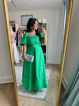 Isle of Palms Green Scallop Puff Sleeve Midi Dress - Southern Roots & Boots