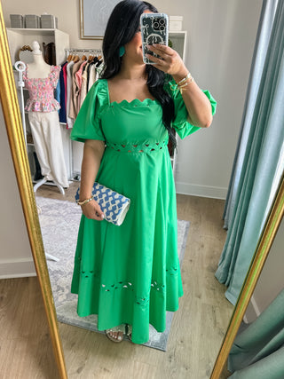 Isle of Palms Green Scallop Puff Sleeve Midi Dress - Southern Roots & Boots