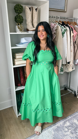Isle of Palms Green Scallop Puff Sleeve Midi Dress - Southern Roots & Boots
