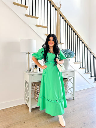 Isle of Palms Green Scallop Puff Sleeve Midi Dress - Southern Roots & Boots