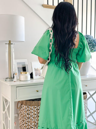 Isle of Palms Green Scallop Puff Sleeve Midi Dress - Southern Roots & Boots