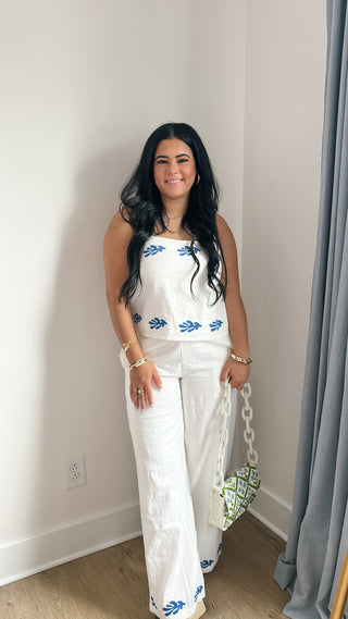 Santorini Blue & White Embroidered Leaf Linen Two-Piece Set - Southern Roots & Boots