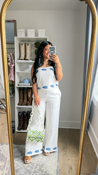 Santorini Blue & White Embroidered Leaf Linen Two-Piece Set - Southern Roots & Boots