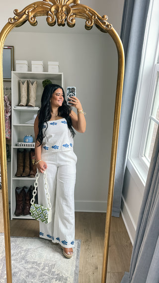 Santorini Blue & White Embroidered Leaf Linen Two-Piece Set - Southern Roots & Boots