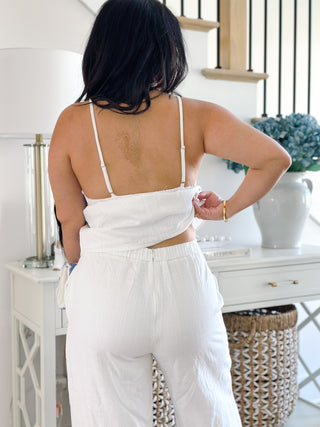 Santorini Blue & White Embroidered Leaf Linen Two-Piece Set - Southern Roots & Boots