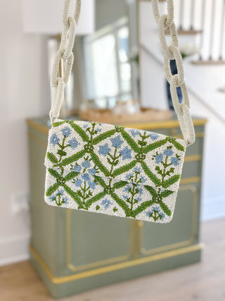 Garden Trellis Blue & Green Hand-Beaded Chunky Chain Shoulder Bag - Southern Roots & Boots