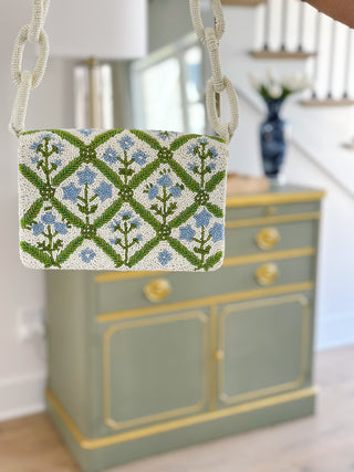 Garden Trellis Blue & Green Hand-Beaded Chunky Chain Shoulder Bag - Southern Roots & Boots