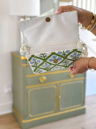 Garden Trellis Blue & Green Hand-Beaded Chunky Chain Shoulder Bag - Southern Roots & Boots