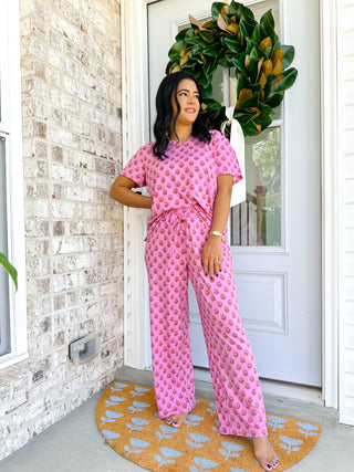 Savannah Rose Pink & Orange Block Print Pajama Set