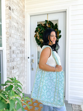 Garden Stroll Green & White Block Print Quilted Tote Bag