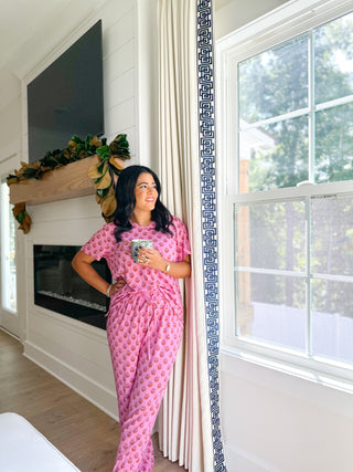 Savannah Rose Pink & Orange Block Print Pajama Set