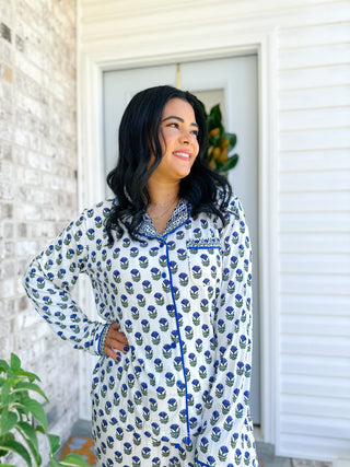 The Carolina Blues White, Green & Blue Block Print  Pajama Set