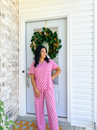 Savannah Rose Pink & Orange Block Print Pajama Set