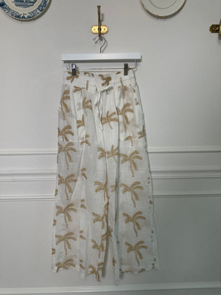 White Linen Palm Wide Leg Pants