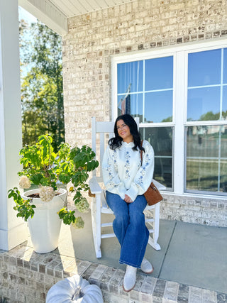 Shoreline Ivory Embroidered Floral Sweater