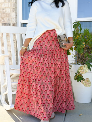 Blush Meadow Coral Block Printed Tiered Skirt