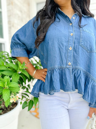 Denim Ruffle Hem Button Down Top - Magnolia & Pine