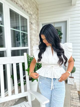 Whispered Elegance White Flutter Sleeve Peplum Blouse - Southern Roots & Boots