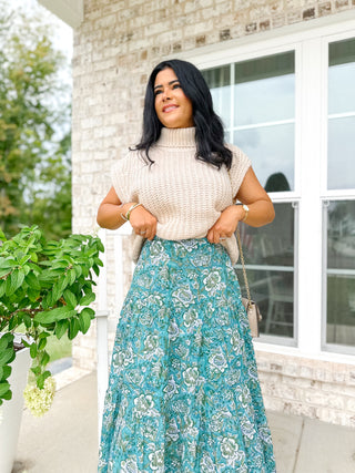 The Fairhope Block Printed Tiered Cotton Skirt-Green - Magnolia & Pine