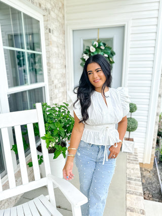 Whispered Elegance White Flutter Sleeve Peplum Blouse - Southern Roots & Boots