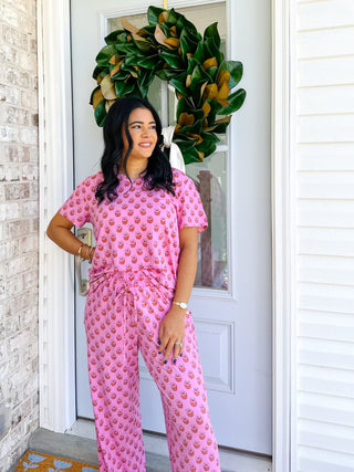 Savannah Rose Pink & Orange Block Print Pajama Set