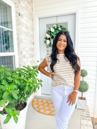 Harbor White & Taupe Striped Sleeveless Knit Top - Southern Roots & Boots