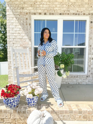 The Carolina Blues White, Green & Blue Block Print  Pajama Set