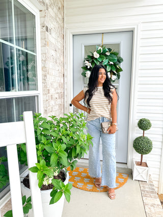 Harbor White & Taupe Striped Sleeveless Knit Top - Southern Roots & Boots