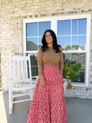 Blush Meadow Coral Block Printed Tiered Skirt
