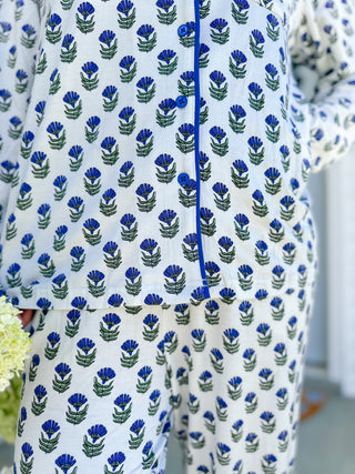 The Carolina Blues White, Green & Blue Block Print  Pajama Set