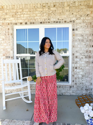 Blush Meadow Coral Block Printed Tiered Skirt