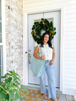 Garden Stroll Green & White Block Print Quilted Tote Bag